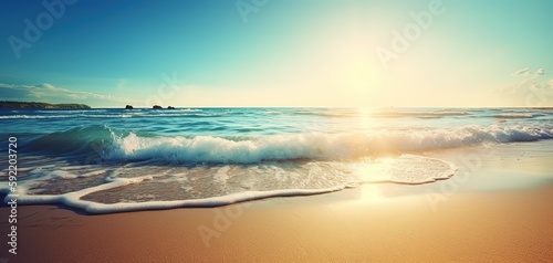 close up white foam waves crashing on fine sand beach, tropical island atmosphere, sun flare, Generative Ai
