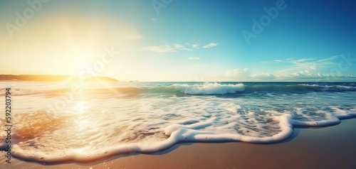 close up white foam waves crashing on fine sand beach, tropical island atmosphere, sun flare,  Generative Ai © QuietWord