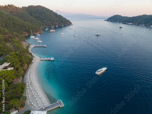 Fototapeta Naklejka Na Ścianę i Meble -  Summer Season in the Gocek Islands Beachs Drone Photo, Gocek Mugla, Turkiye