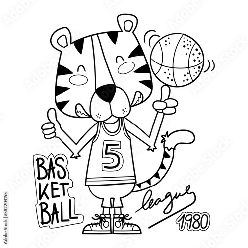 Illustration in black and white of a tiger basketball player spinning a basketball with his finger, retro drawing, coloring page