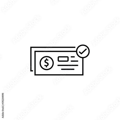 linear bank check icon like payment. flat contour style trend logotype graphic design isolated on white background. concept of abstract banking checkbook template or chequebook and financial transfers