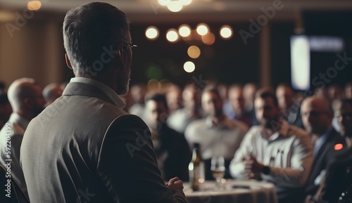 Male Speaker Giving Presentation to participants in conference, Speaker Giving Presentation in Event hall, Public speaking business background with focused speaker and blurred audience or listeners, 