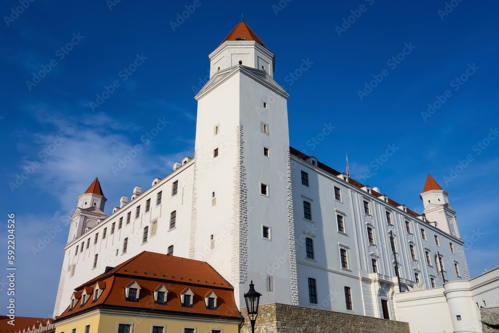 Perspective bottom view of Bratislava castle in Slovakia, Europe in sunny day
