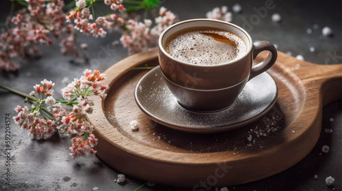 Hello Spring Concept, A top view of a steaming cup of coffee on a rattan serving mat, accompanied by delicate gypsophila flowers and a pink plaid on a grey wooden desk background Ai Generated