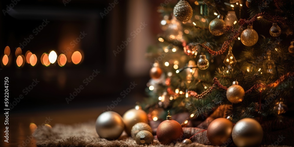Christmas background. Decorated Christmas tree on blurred background. generative ai