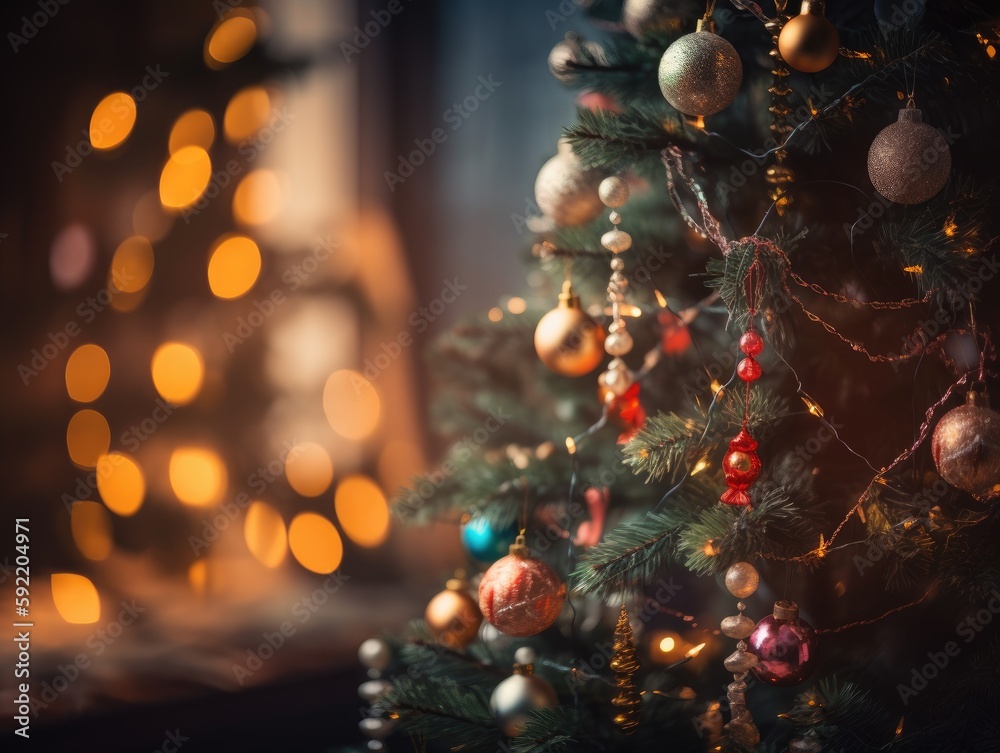 Christmas background. Decorated Christmas tree on blurred background. generative ai Christmas background. Decorated Christmas tree on blurred background. generative ai