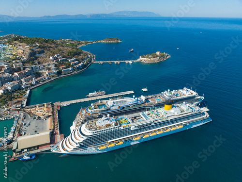 Fototapeta Naklejka Na Ścianę i Meble -  Kusadasi Castle and Kusadasi City Drone Photo, Kusadasi Aydin, Turkiye