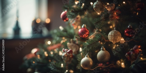Christmas background. Decorated Christmas tree on blurred background. generative ai