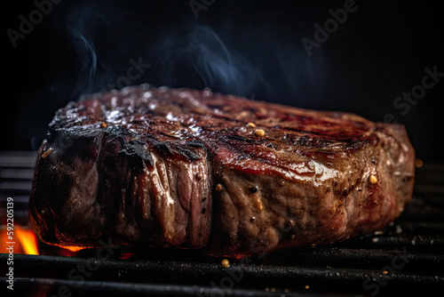 A sizzling close-up shot of a juicy steak on the grill