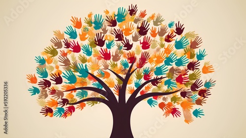 Giving and social responsibility concept illustration with colorful hands and a tree. Diverse community and the values of philanthropy, humanitarianism, and charity. Generative AI photo