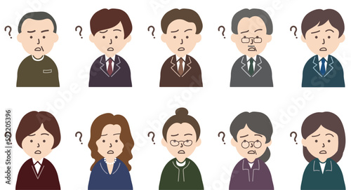 スーツを着た男性と女性人物のアイコンセット_呆れ顔