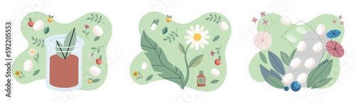 Homeopathy and herbal remedies set. Medical research laboratory diagnostics. Homeopathic treatment and phytotherapy. Traditional herb recipes of alternative medicine. Medicine pharmacy. Herbal pills