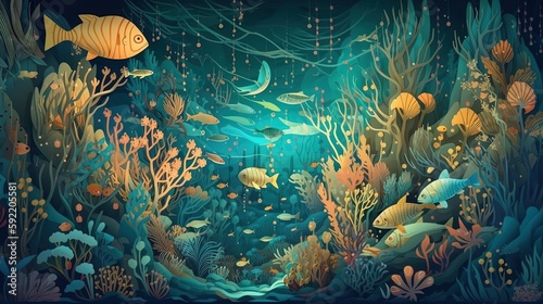 illustration of dreamy deep sea aquarium with fancy fish swim inside  Generative Ai