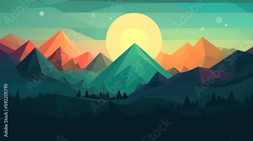 minimalist flat design illustration of nature landscape mountain forest at sunset or sunrise time, Generative Ai © QuietWord