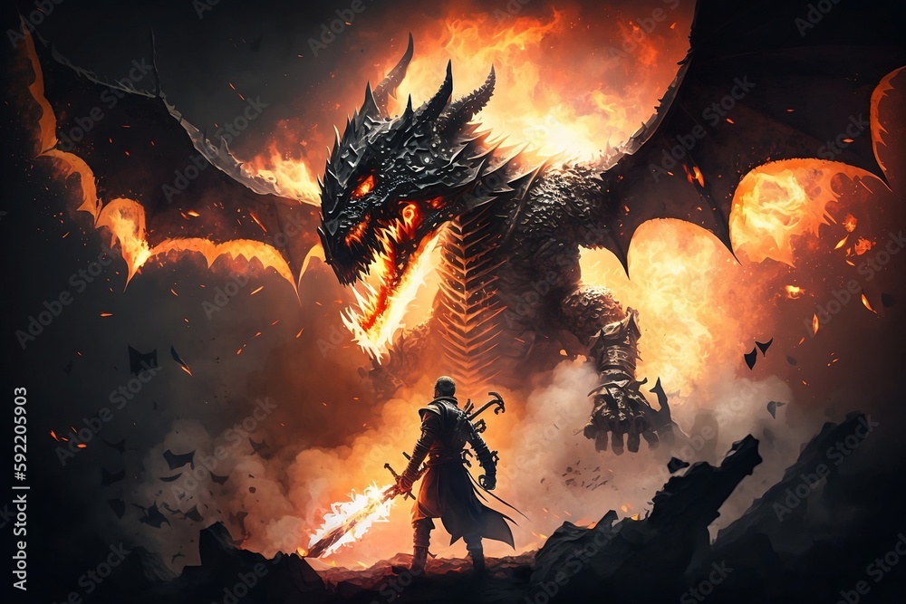 A knight with a flaming sword went out to fight a fire-breathing dragon whose wings are on fire