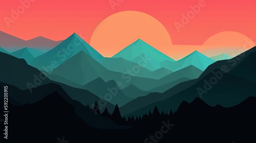 minimalist flat design illustration of nature landscape mountain forest at sunset or sunrise time  Generative Ai