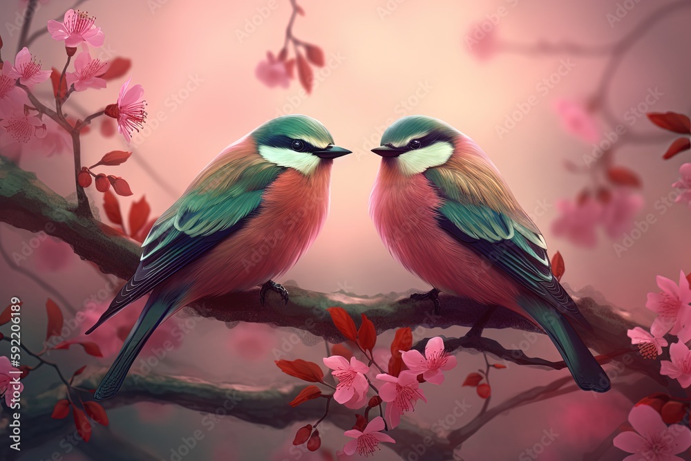 painting illustration style of two canary birds, bird, couple on cherry blossom branch in spring time, generative Ai