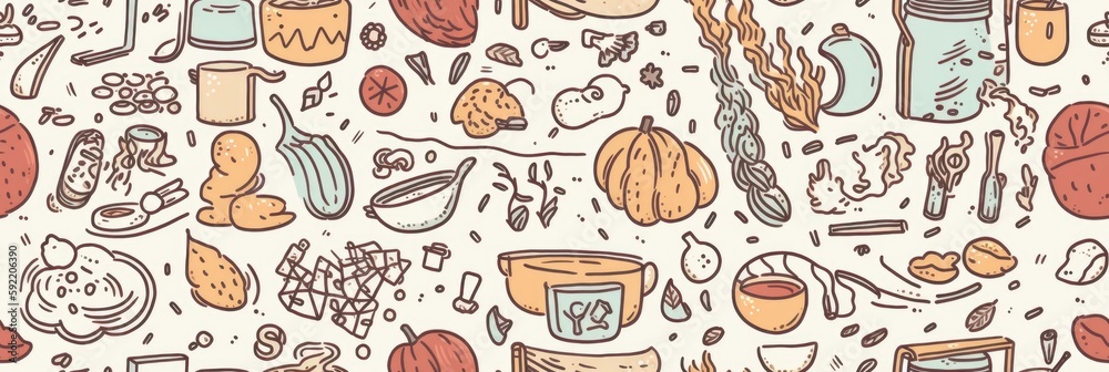 Kitchen conception. Icons in line art style. Beautiful seamless pattern picture. Generative AI Kitchen conception. Icons in line art style. Beautiful seamless pattern picture. Generative AI