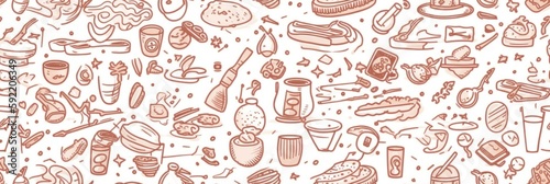 Kitchen conception. Icons in line art style. Beautiful seamless pattern picture. Generative AI