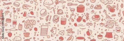 Kitchen conception. Icons in line art style. Beautiful seamless pattern picture. Generative AI