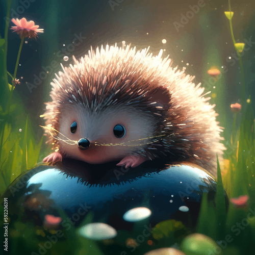 Super Cute Hedgehog on a stone in the grass. Funny cartoon character. Fairy tale. Fantasy. 3d illustration.  3D Vector illustration. © Zakhariya