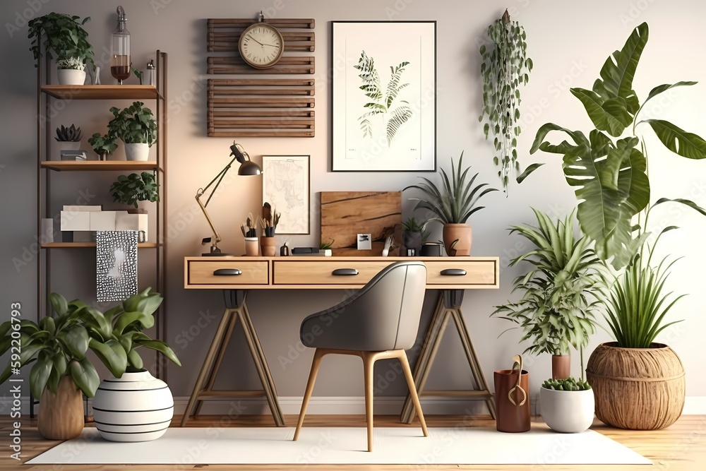 Fototapeta premium Stylish home office design includes a wooden desk, natural elements, an avocado plant, a bamboo shelf, plants, and rattan accents. neutral interior design