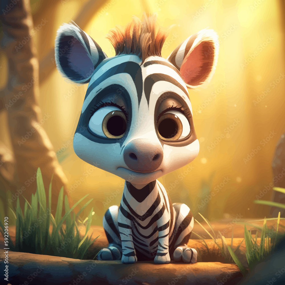 Super Cute little baby Zebra is sitting in the forest. Funny cartoon character with big eyes. 3D Vector illustration.