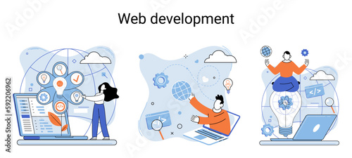Web development metaphor, coding and programming responsive layout internet site or app of devices. Creation digital Software mobile, desktop platforms. Computer code, tablet, phone, digital business