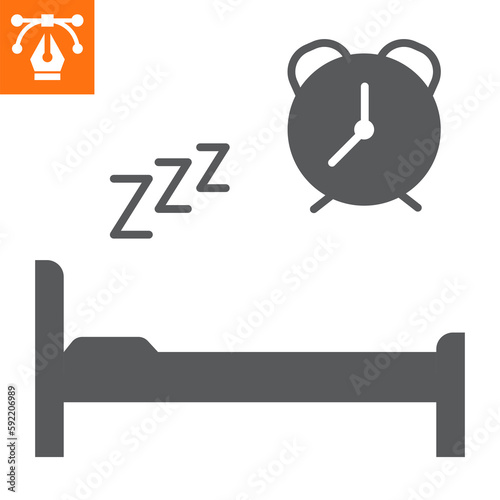 Healthy sleep solid icon, glyph style icon for web site or mobile app, nap and rest, bed and clock vector illustration, vector graphics with editable strokes.