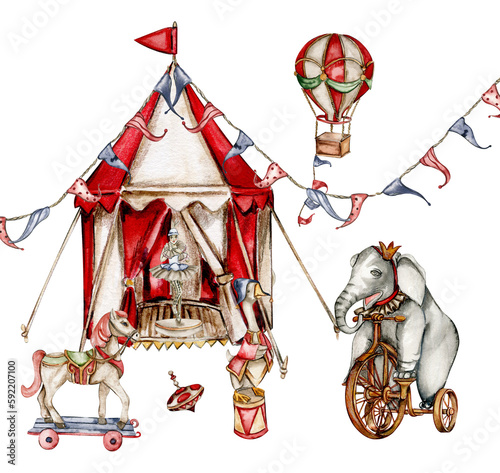 Watercolor circus composition in vintage style. Perfect for wedding, invitations, blogs, card templates, birthday and baby cards, patterns, quotes. isolater on white background.Cute circus animals.