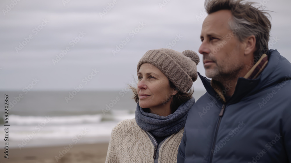 Cute mature couple looking forwards while relaxing in the beach in winter. Generative AI Cute mature couple looking forwards while relaxing in the beach in winter. Generative AI
