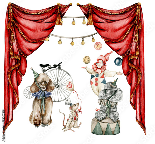 Watercolor circus composition in vintage style. Perfect for wedding, invitations, blogs, card templates, birthday and baby cards, patterns, quotes. isolater on white background.Cute circus animals.