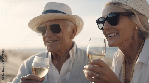 Elegant modern old couple drinking champagne while having fun in the beach. Generative AI
