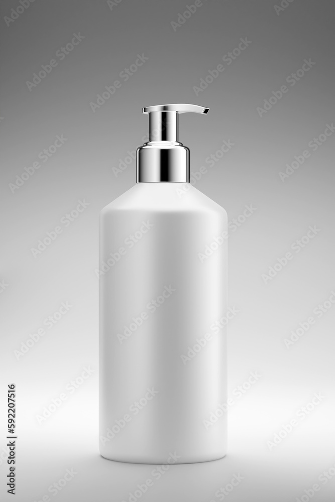 Pump bottle white and silver products template design on gray