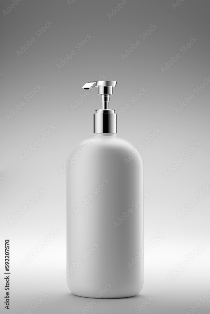 A blank label pump bottle dispenser decorated on light background. Promoting cleanser, shampoo, foams or lotion products. 3D rendering beauty and hygiene concept A blank label pump bottle dispenser decorated on light background. Promoting cleanser, shampoo, foams or lotion products. 3D rendering beauty and hygiene concept