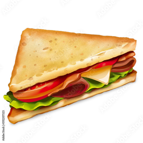 Sandwich with ham, cheese, tomatoes and salad, vegetables, ham, corner sandwich, oil paint style, digital paint, on white background. Healthy food, casual food hand drawn digital illustration.