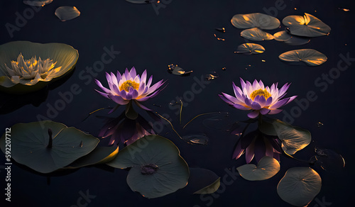 Two amazing blossoms purple lotus or waterlily on dark water surface at lotus pond. Space for text