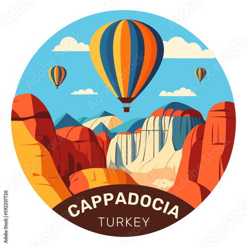 Hot air balloons over Cappadocia rocks landscape. Adventure travel in Turkey concept vector illustration.
