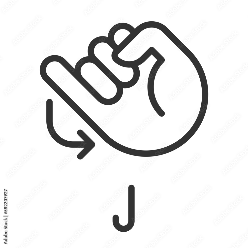 Letter J sign in ASL pixel perfect linear icon. System of nonverbal communication. Words visualization. Thin line illustration. Contour symbol. Vector outline drawing. Editable stroke. Arial font used Letter J sign in ASL pixel perfect linear icon. System of nonverbal communication. Words visualization. Thin line illustration. Contour symbol. Vector outline drawing. Editable stroke. Arial font used