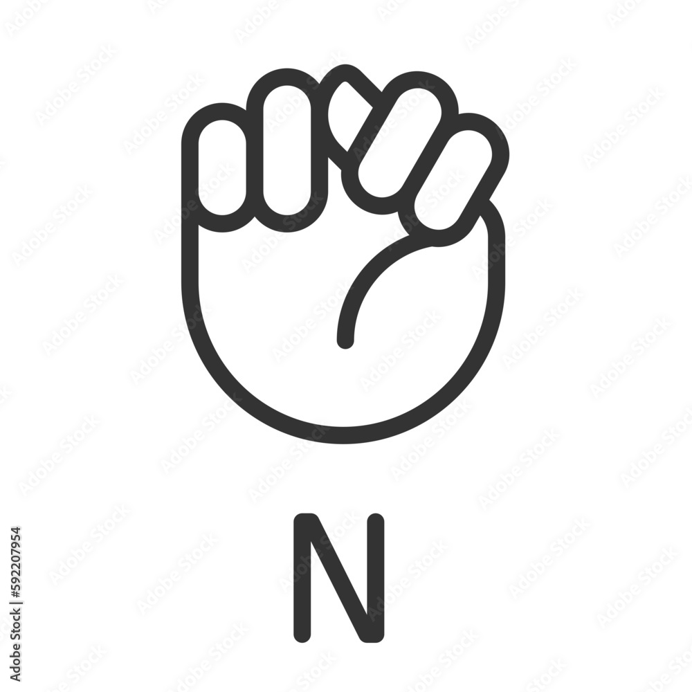Letter N sign in ASL pixel perfect linear icon. Communication system. Visual modality. Thin line illustration. Contour symbol. Vector outline drawing. Editable stroke. Arial font used Letter N sign in ASL pixel perfect linear icon. Communication system. Visual modality. Thin line illustration. Contour symbol. Vector outline drawing. Editable stroke. Arial font used