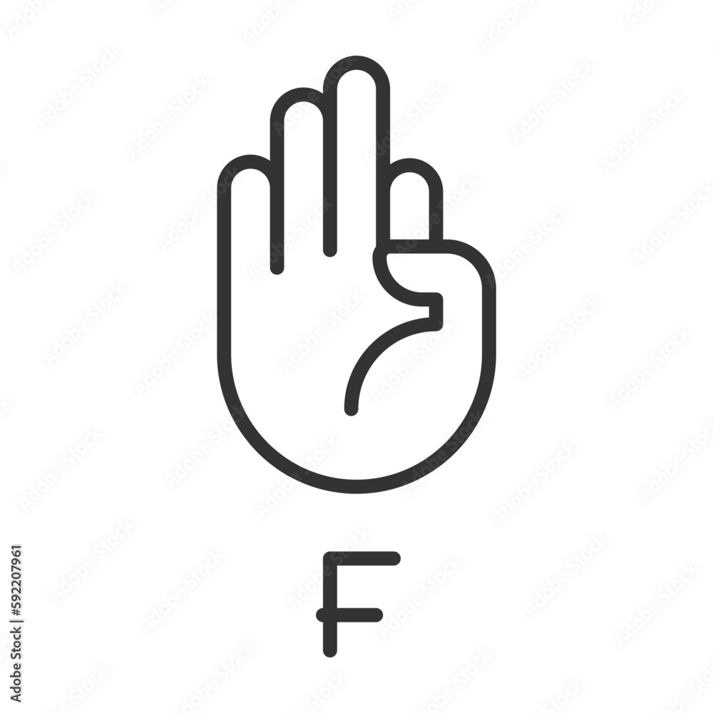 Letter F in American sign language pixel perfect linear icon. Nonverbal communication. Thin line illustration. Contour symbol. Vector outline drawing. Editable stroke. Arial font used Letter F in American sign language pixel perfect linear icon. Nonverbal communication. Thin line illustration. Contour symbol. Vector outline drawing. Editable stroke. Arial font used