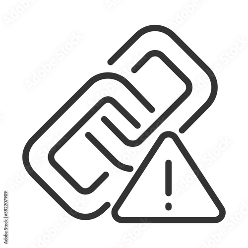 Wrong link pixel perfect linear icon. Broken hyperlink. Damaged connection. Redirecting failure. Thin line illustration. Contour symbol. Vector outline drawing. Editable stroke. Arial font used