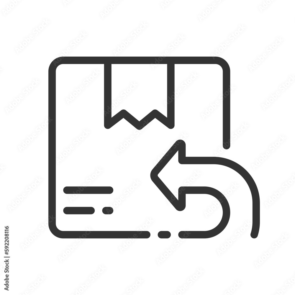 Return parcel pixel perfect linear icon. Send wrong order back to shop. Shipping. Deliver package. Thin line illustration. Contour symbol. Vector outline drawing. Editable stroke. Arial font used Return parcel pixel perfect linear icon. Send wrong order back to shop. Shipping. Deliver package. Thin line illustration. Contour symbol. Vector outline drawing. Editable stroke. Arial font used