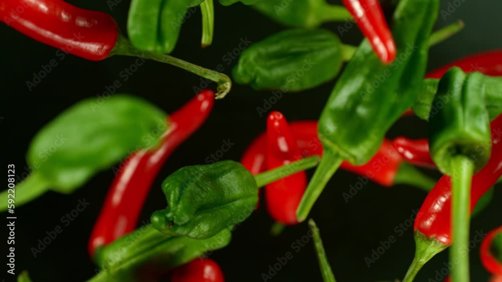 Super Slow Motion Shot of Flying Fresh Chilli Peppers Isolated on Black Background at 1000 fps. Super Slow Motion Shot of Flying Fresh Chilli Peppers Isolated on Black Background at 1000 fps.