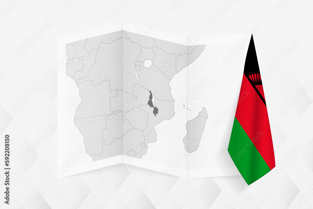 A grayscale map of Malawi with a hanging Malawian flag on one side. Vector map for many types of news.