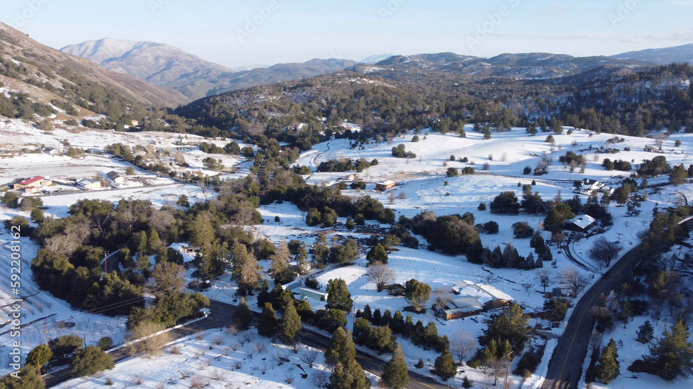 Winter snow covers the land around Julian, southern California.