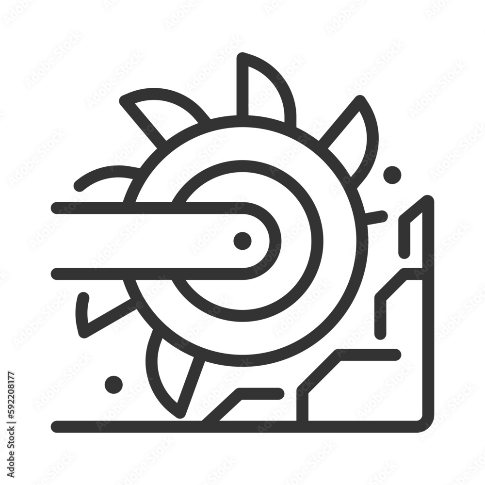 Bucket wheel excavator pixel perfect linear icon. Large heavy equipment machine. Coal mining