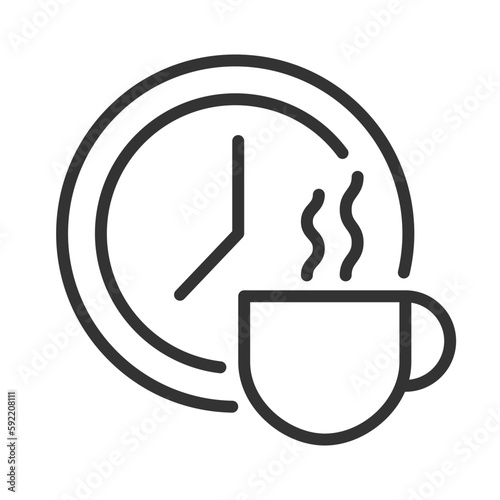Break time pixel perfect linear icon. Scheduled period for employee lunch. Non-productive time. Thin line illustration. Contour symbol. Vector outline drawing. Editable stroke. Arial font used