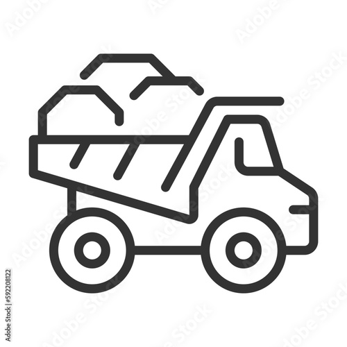 Dump truck pixel perfect linear icon. Dumper lorry. Heavy materials transportation. Vehicle. Coal mining industry. Thin line illustration. Contour symbol. Vector outline drawing. Editable stroke