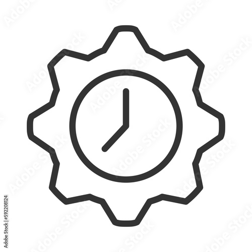 Time management pixel perfect linear icon. Flexible hours. Clock inside gear. Planning tasks. Thin line illustration. Contour symbol. Vector outline drawing. Editable stroke. Arial font used